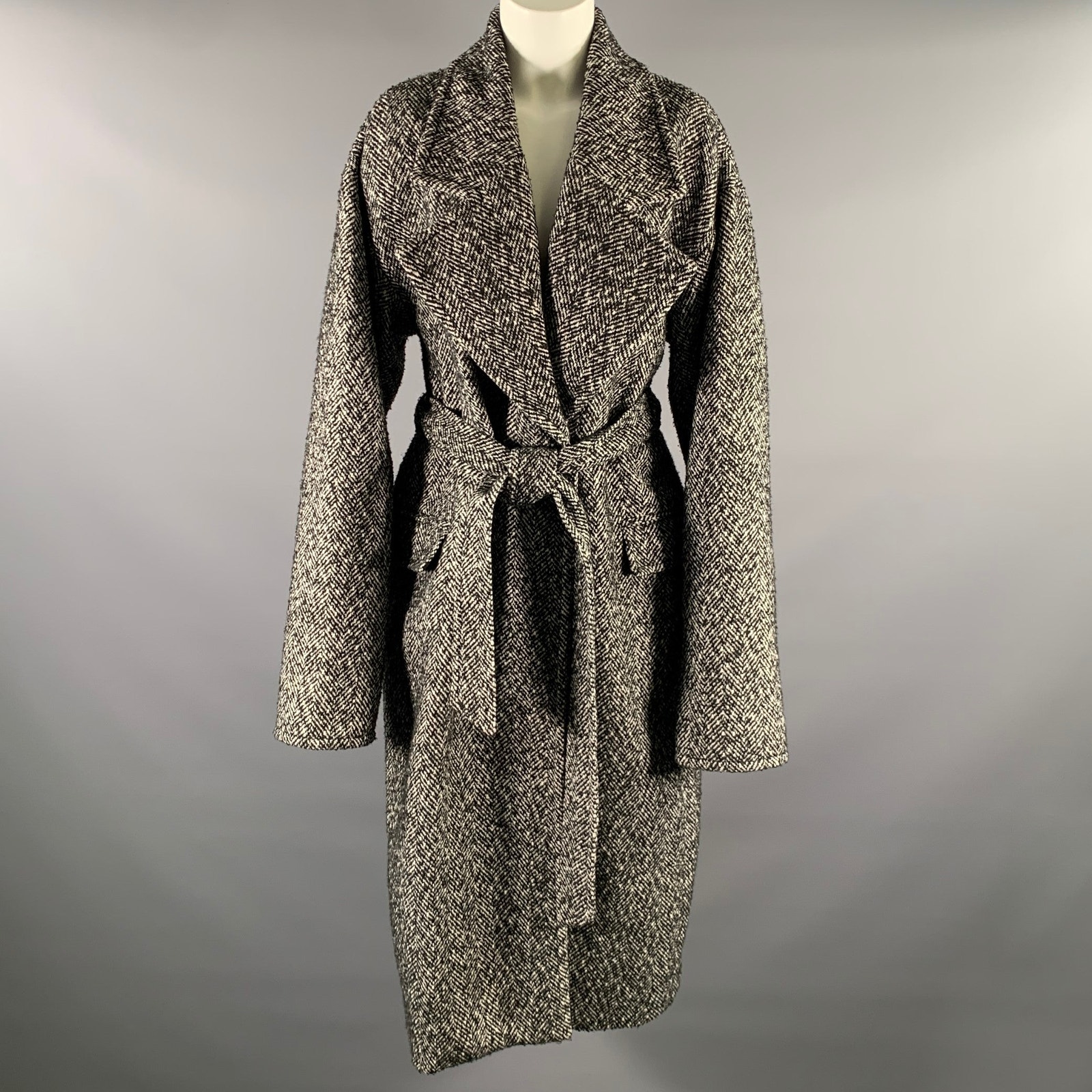 Ronny Kobo Size L Black White Polyester Wool Herringbone Double Breasted Coat